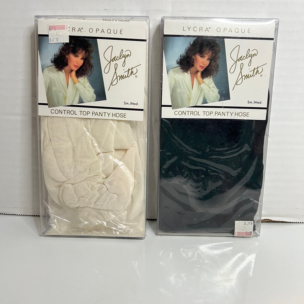 2 Vtg Jaclyn Smith Lycra Opaque Control Top Pantyhose White / Off Black Size S-M